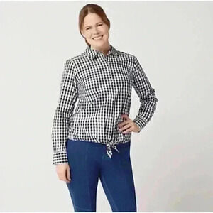 Euc Isaac Mizrahi Button Front Black white checker Gingham Shirt 8